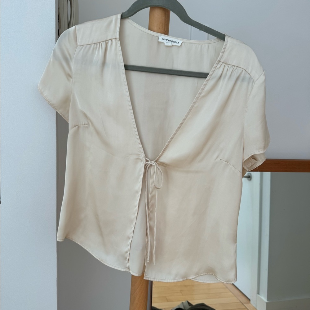Cotton Candy Beige Satin Tie-Front Blouse